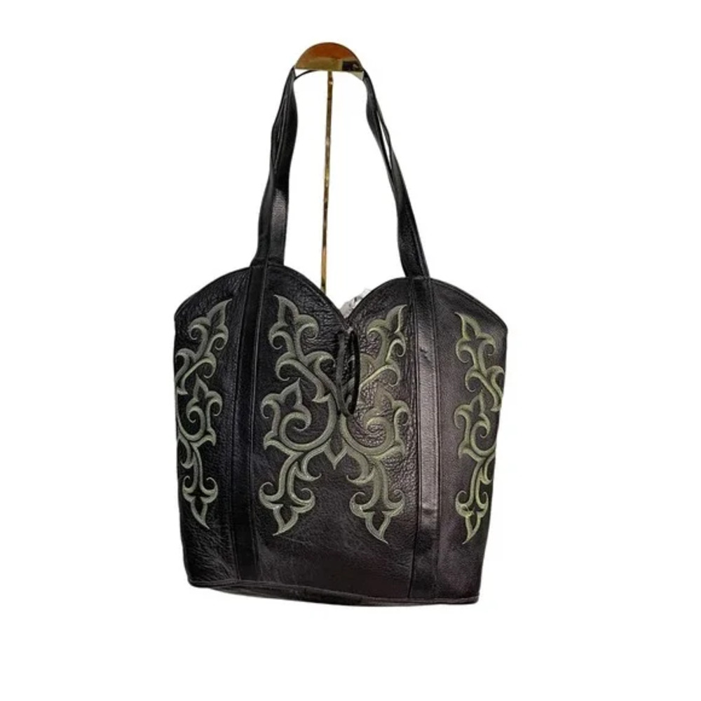 ERDA Cambridge Tote Shoulder Bag Black Leather Large Embroidered Western Hippie
